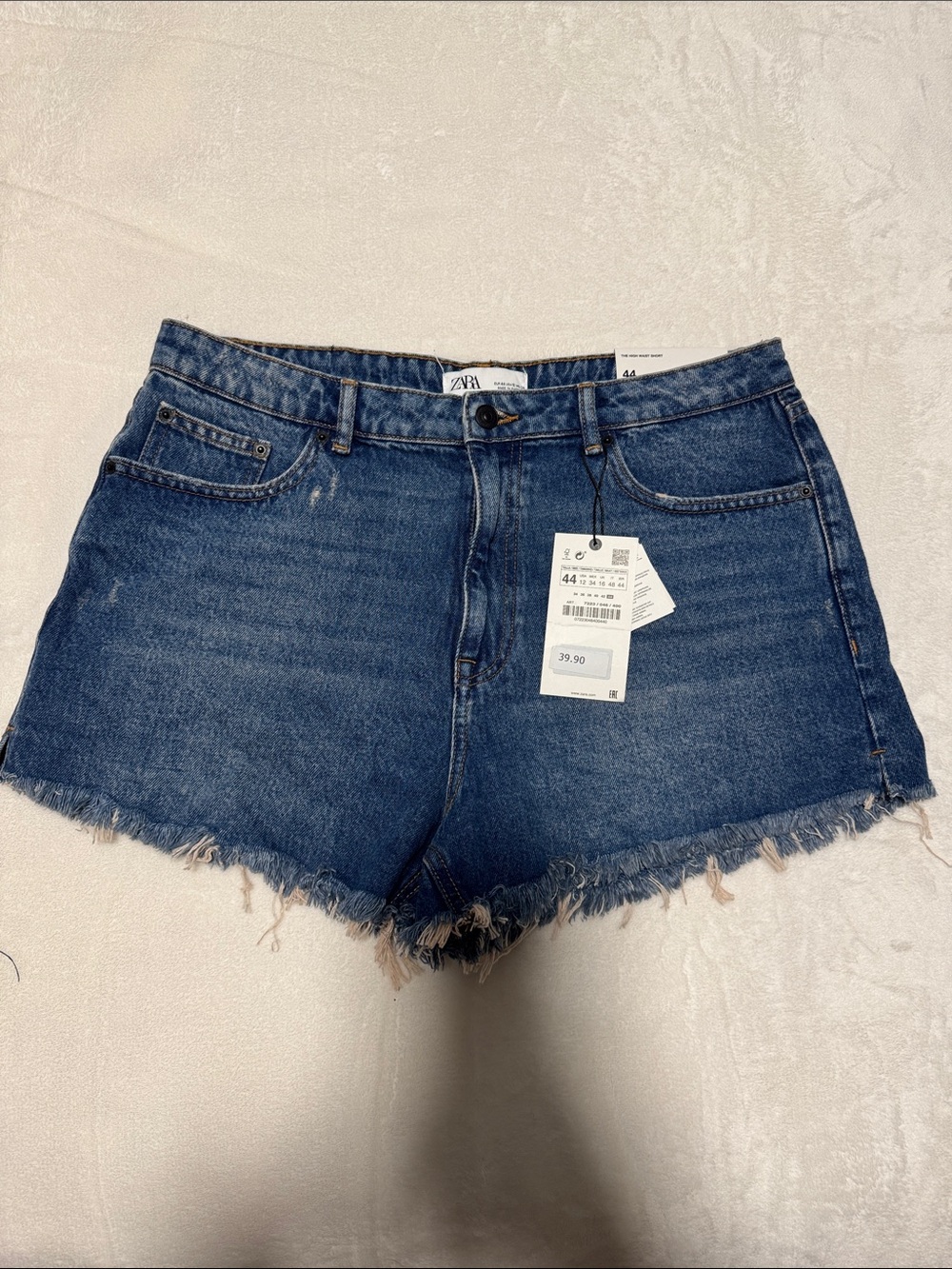 Zara High Waist Dark Blue Frayed Hem Denim Shorts